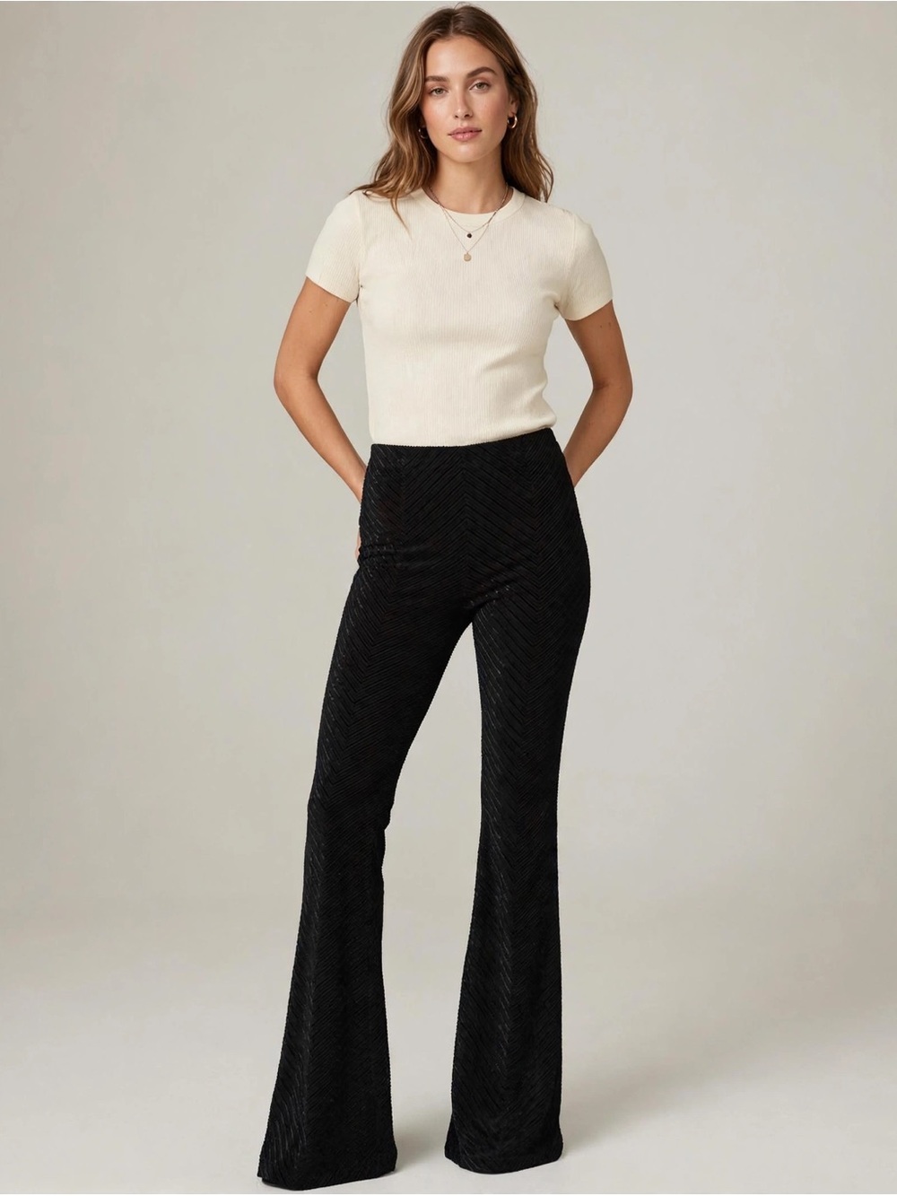 Free People NWT Black Velvet Chevron Textured Flare Pants